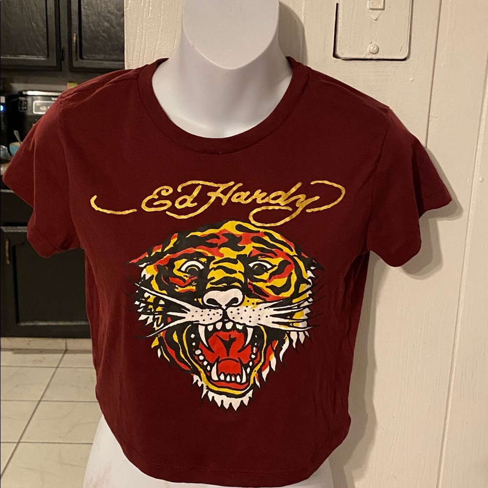 Ed Hardy Burgundy Tiger Graphic Tee
